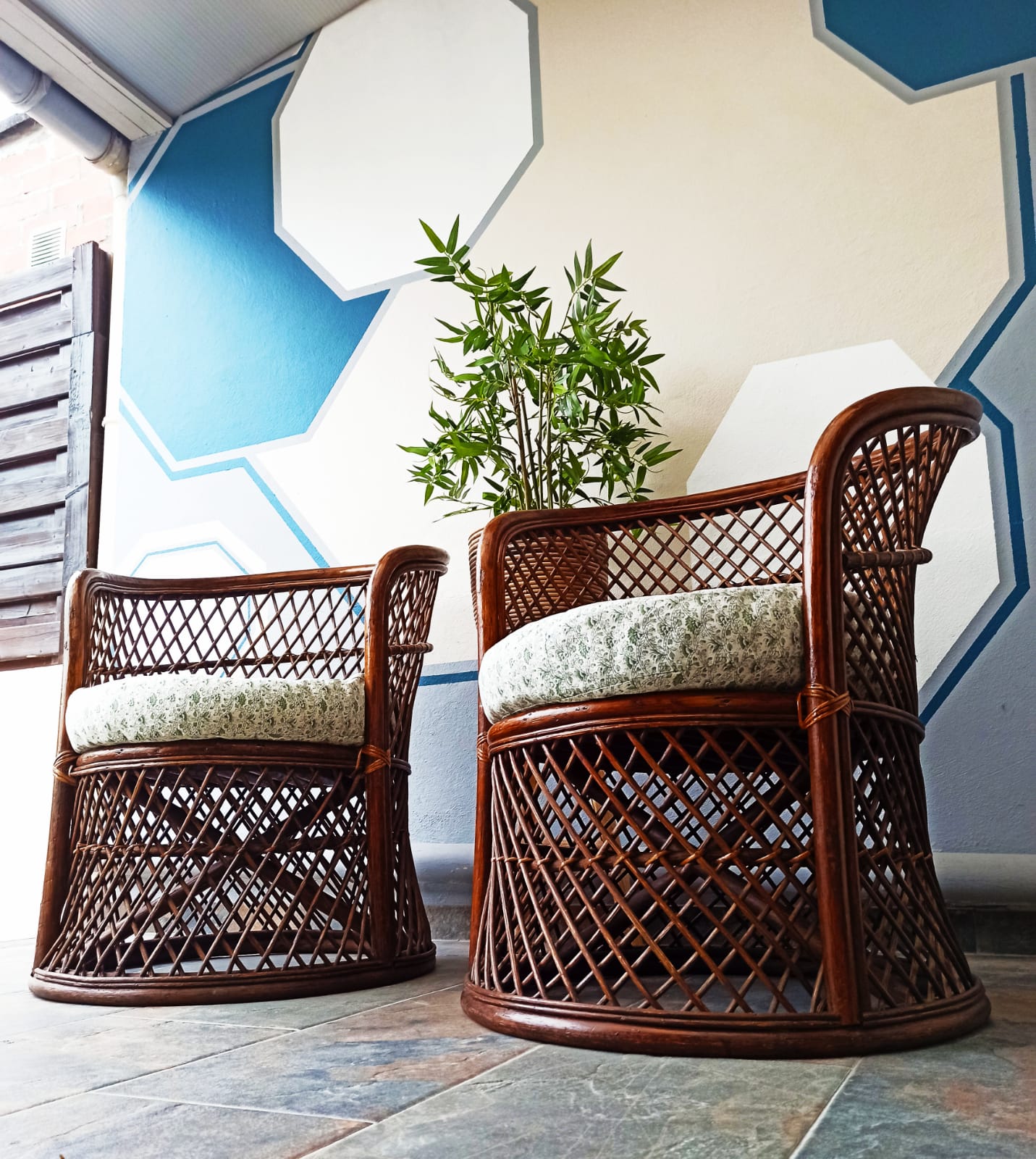 Pair of vintage bamboo rattan armchairs