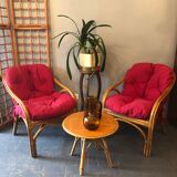 Duo of rattan armchairs with cushions