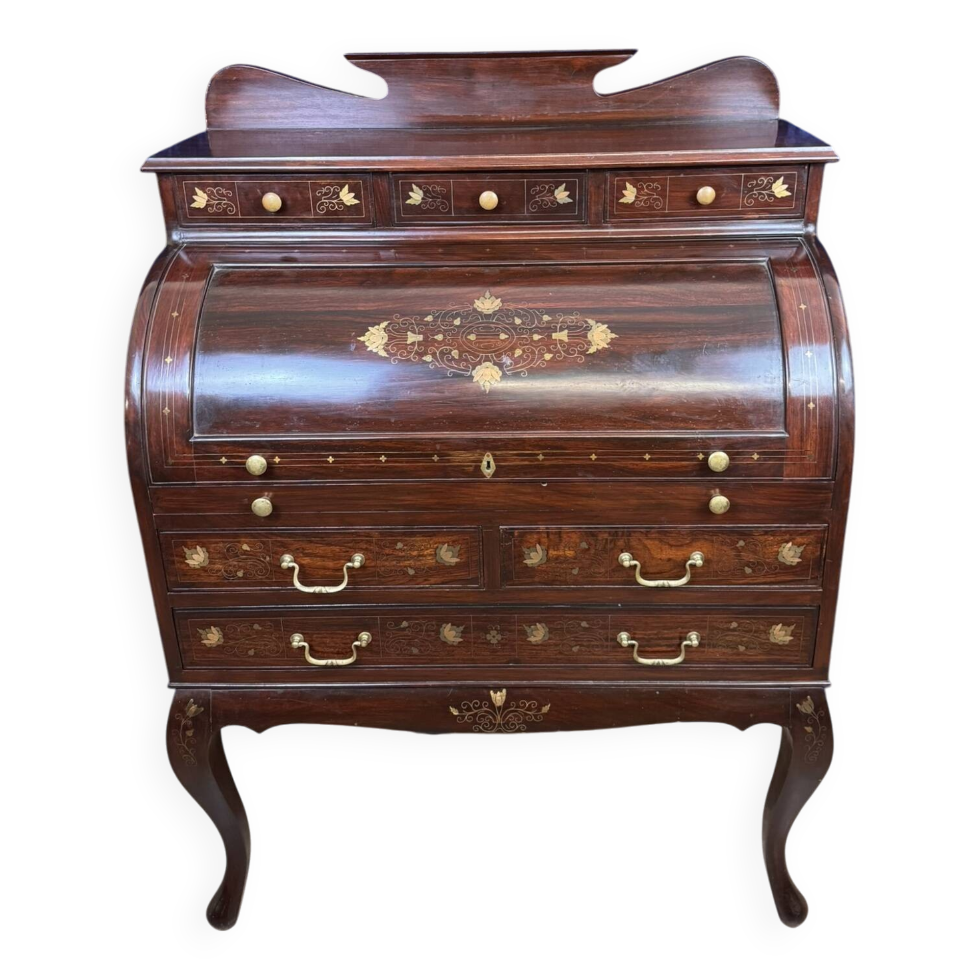 Cylinder desk in mahogany and inlaid marquetry circa 1900