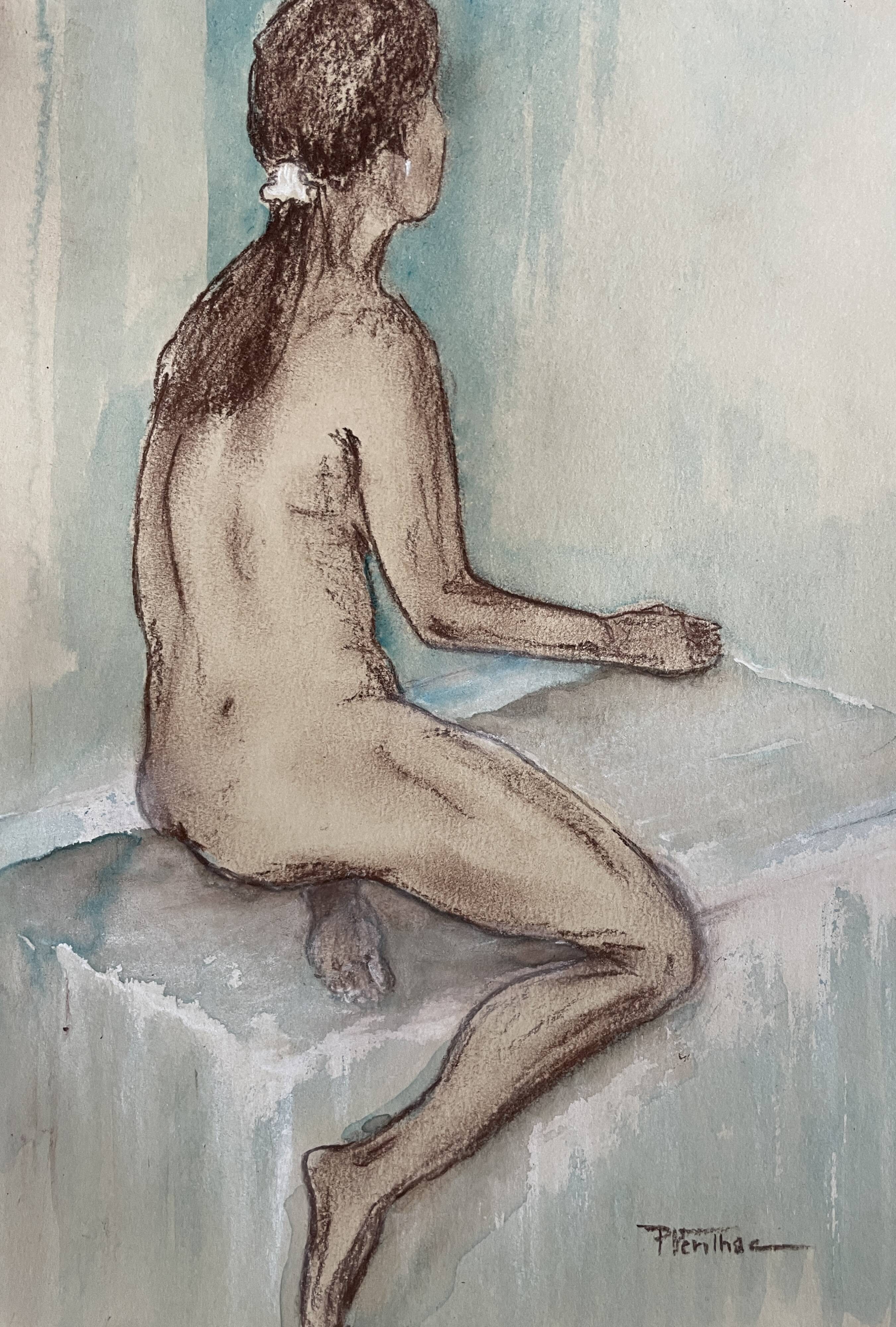 Painting signed sanguine watercolor female portrait “the pose”