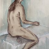 Painting signed sanguine watercolor female portrait “the pose”