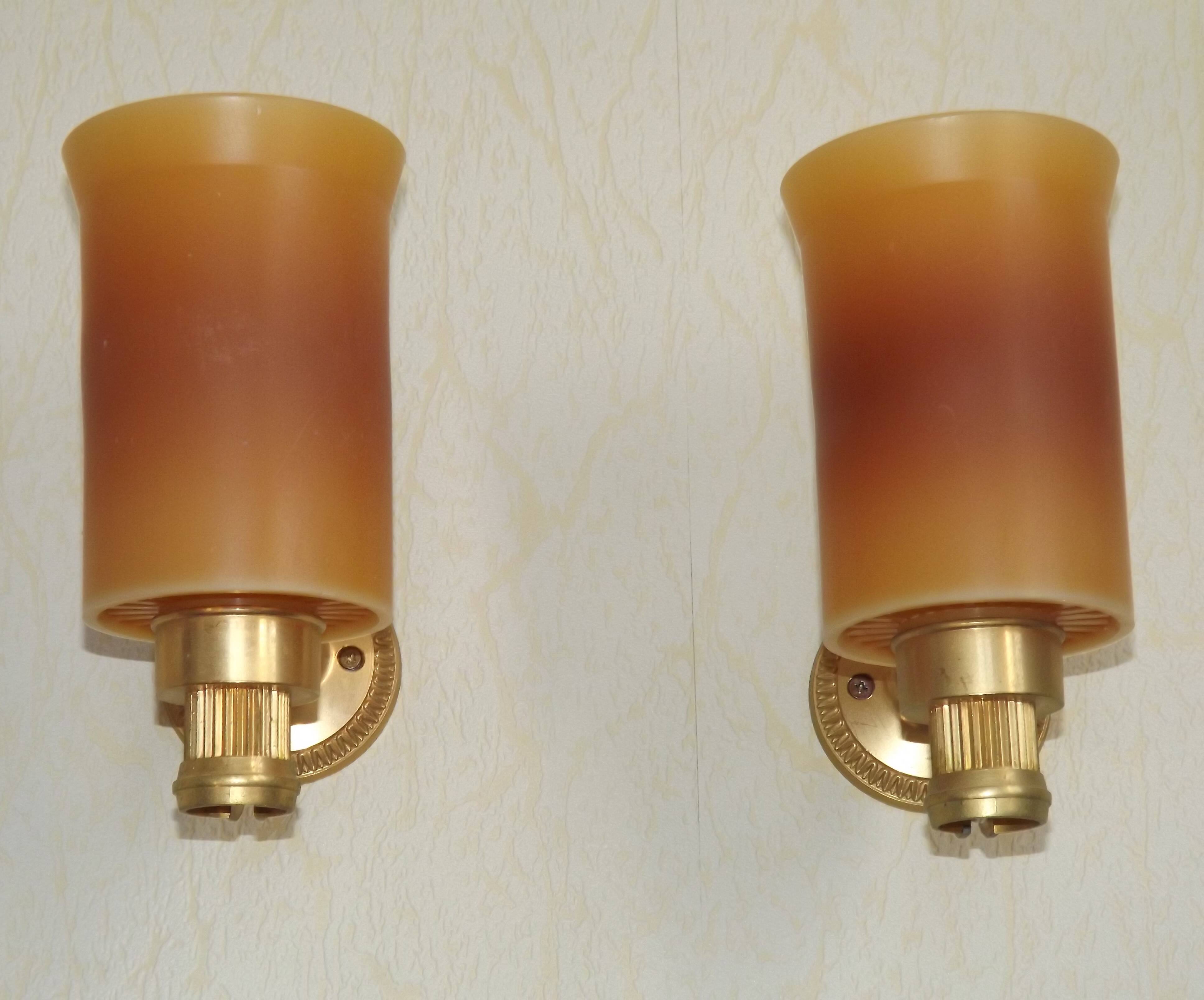 Pair French Vintage 1960s Retro Single Wall Lights Brass & Orange Acrylic