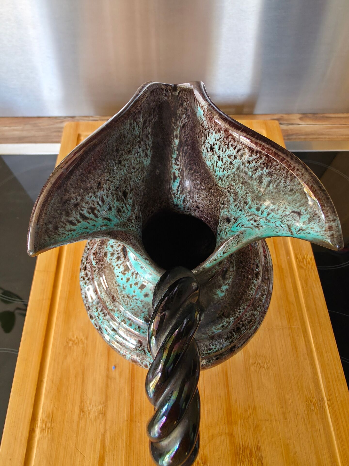 Turquoise and brown speckled pitcher from Vallauris, 1950s.