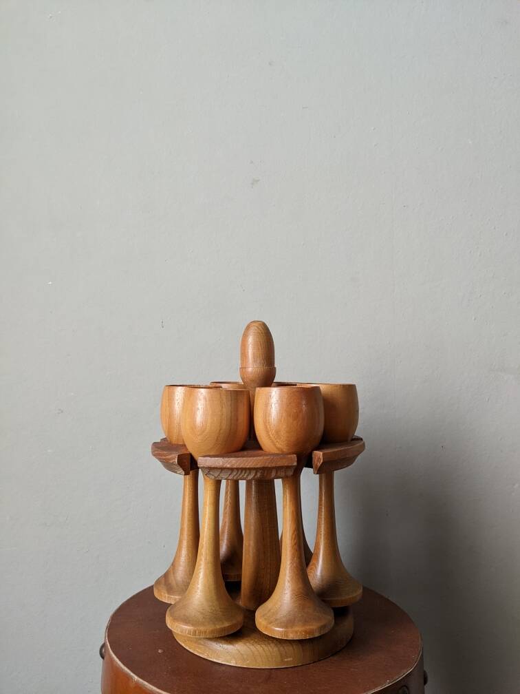Egg cups on turned wooden legs, Scandinavian country decor