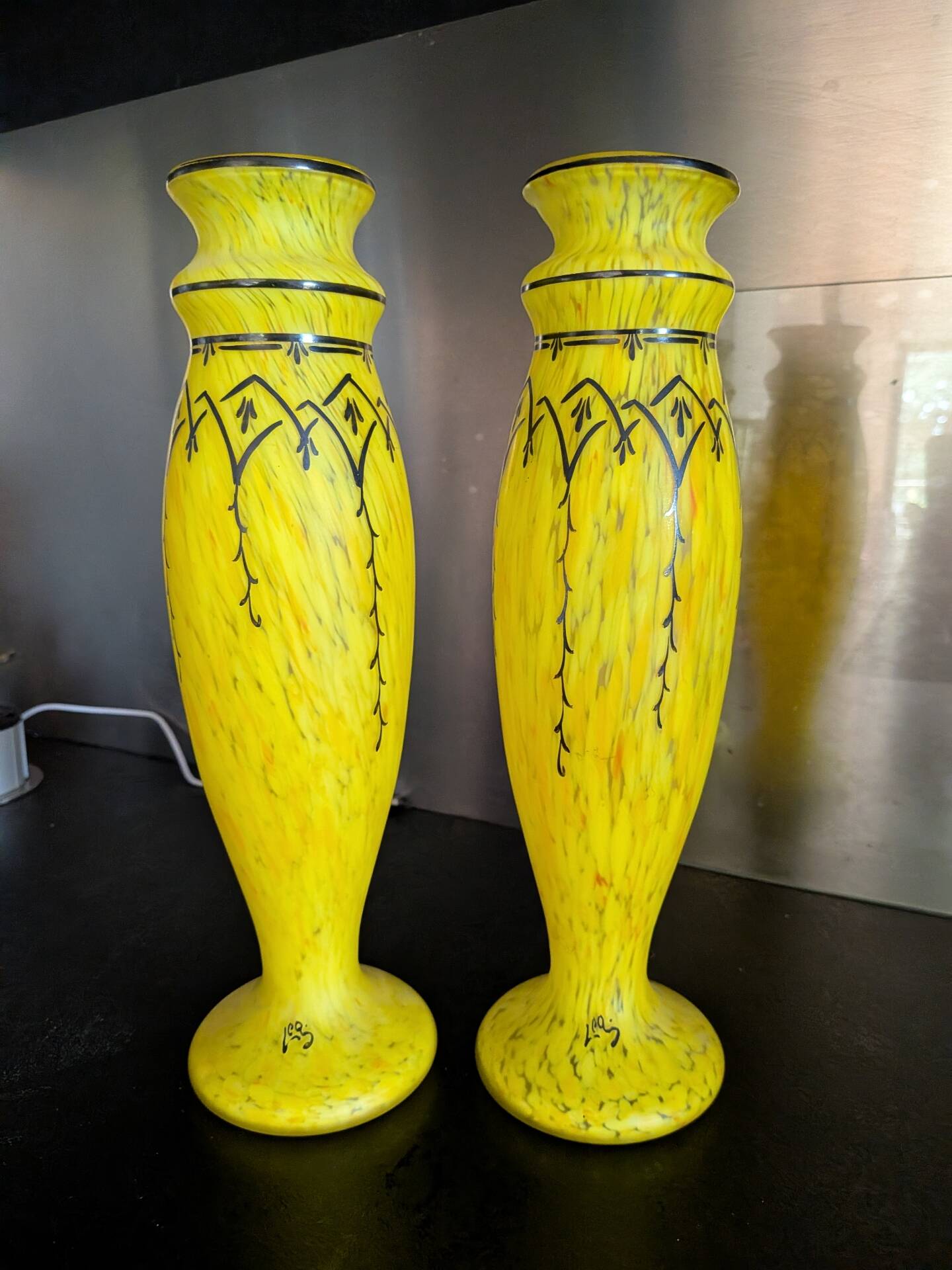 Pair of Legras vases — yellow marbled glass, enamelled Art Deco decoration,