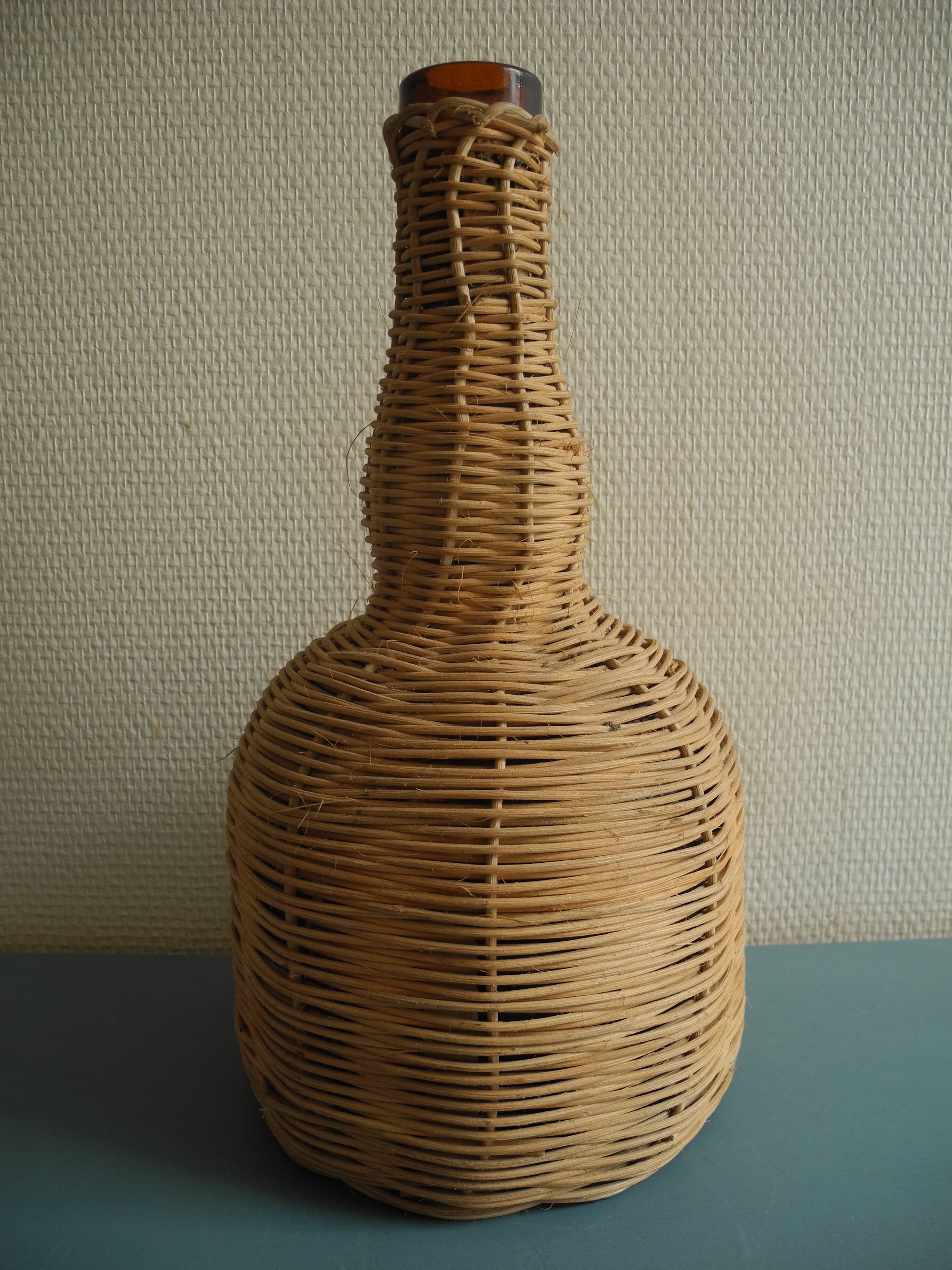 old amber glass bottle VB wicker vintage deco glass bottle wicker