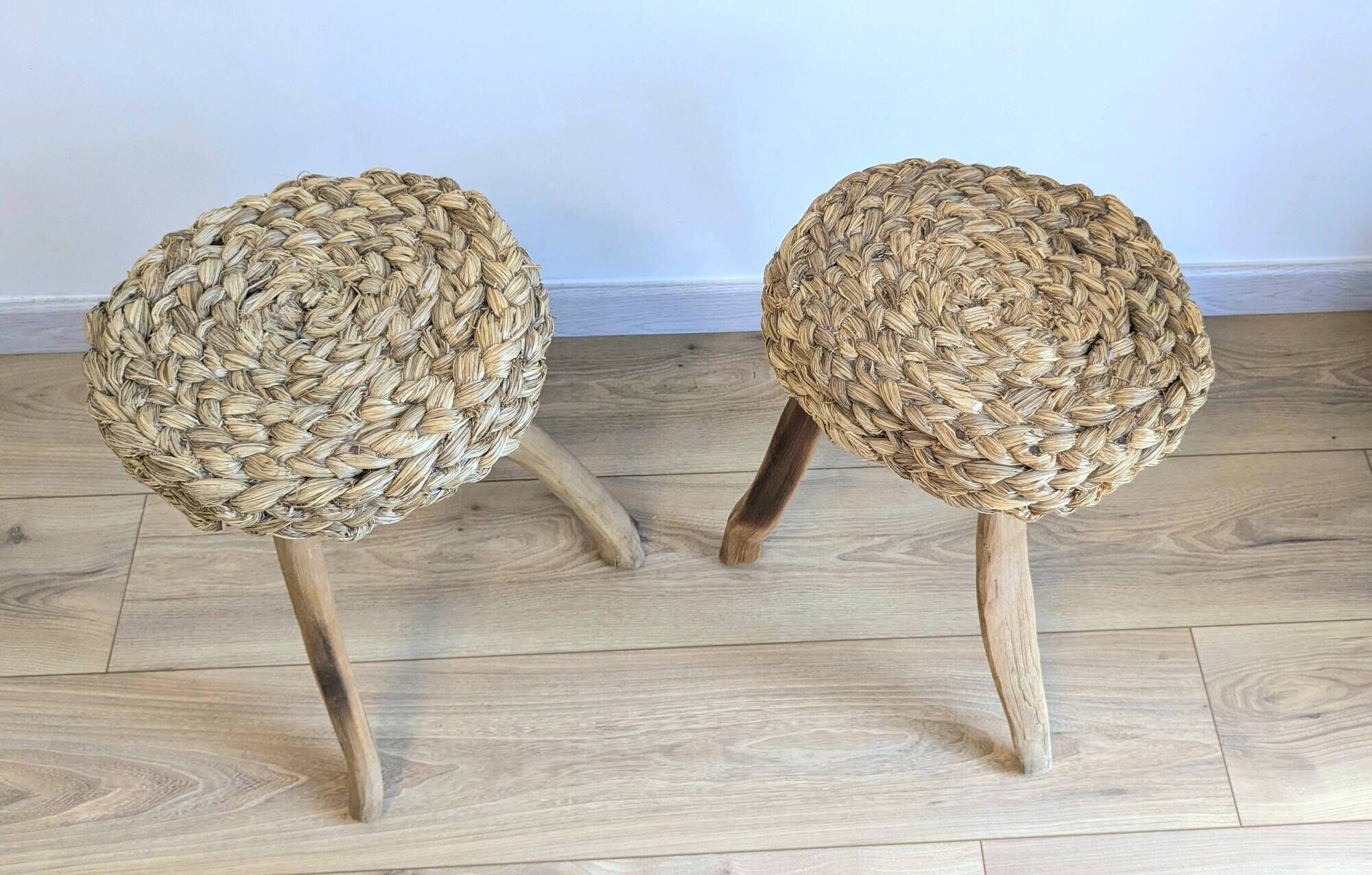 Pair of brutalist tripod stools attributed to Audoux & Minet.