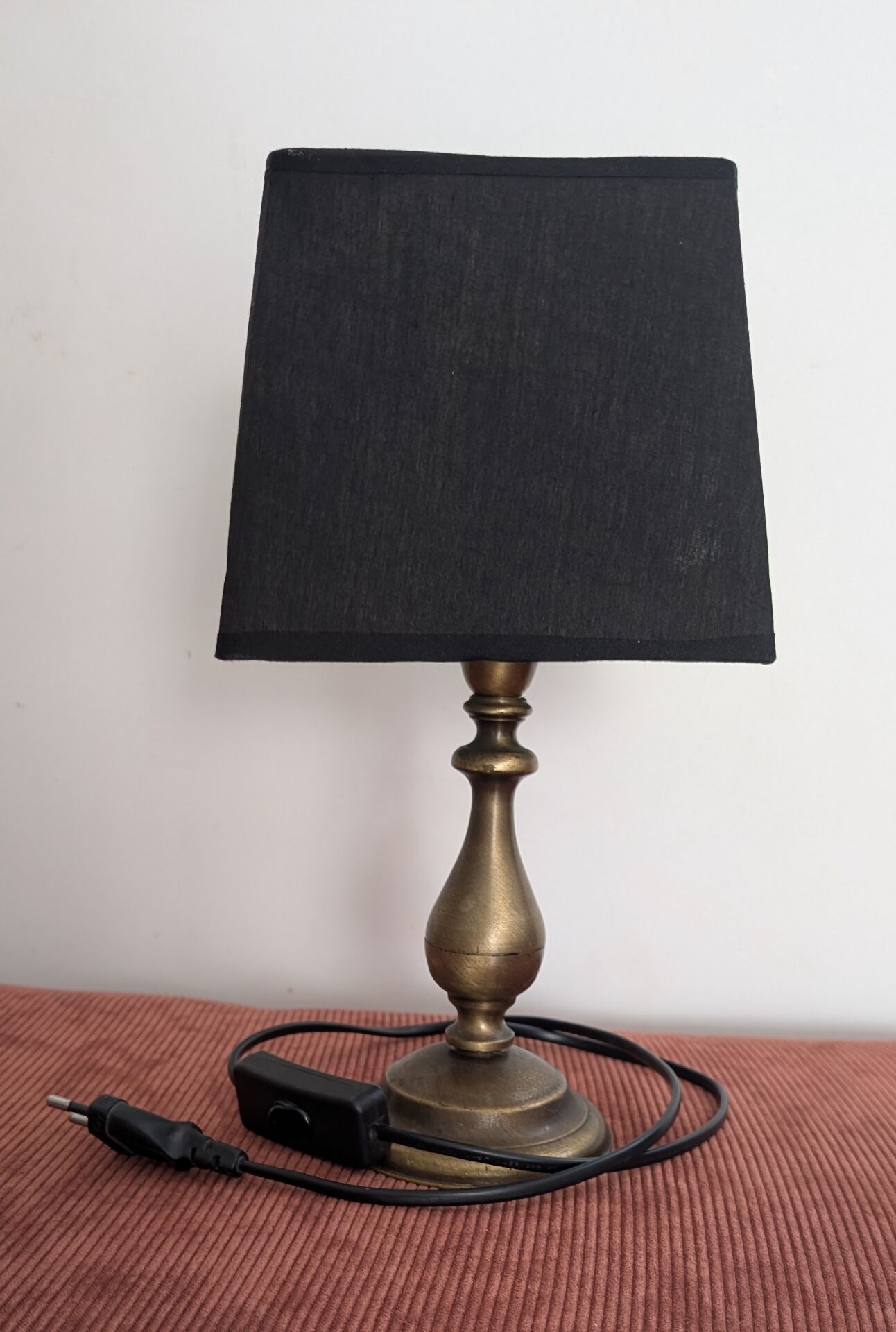 Vintage brass lamp. Black lampshade.