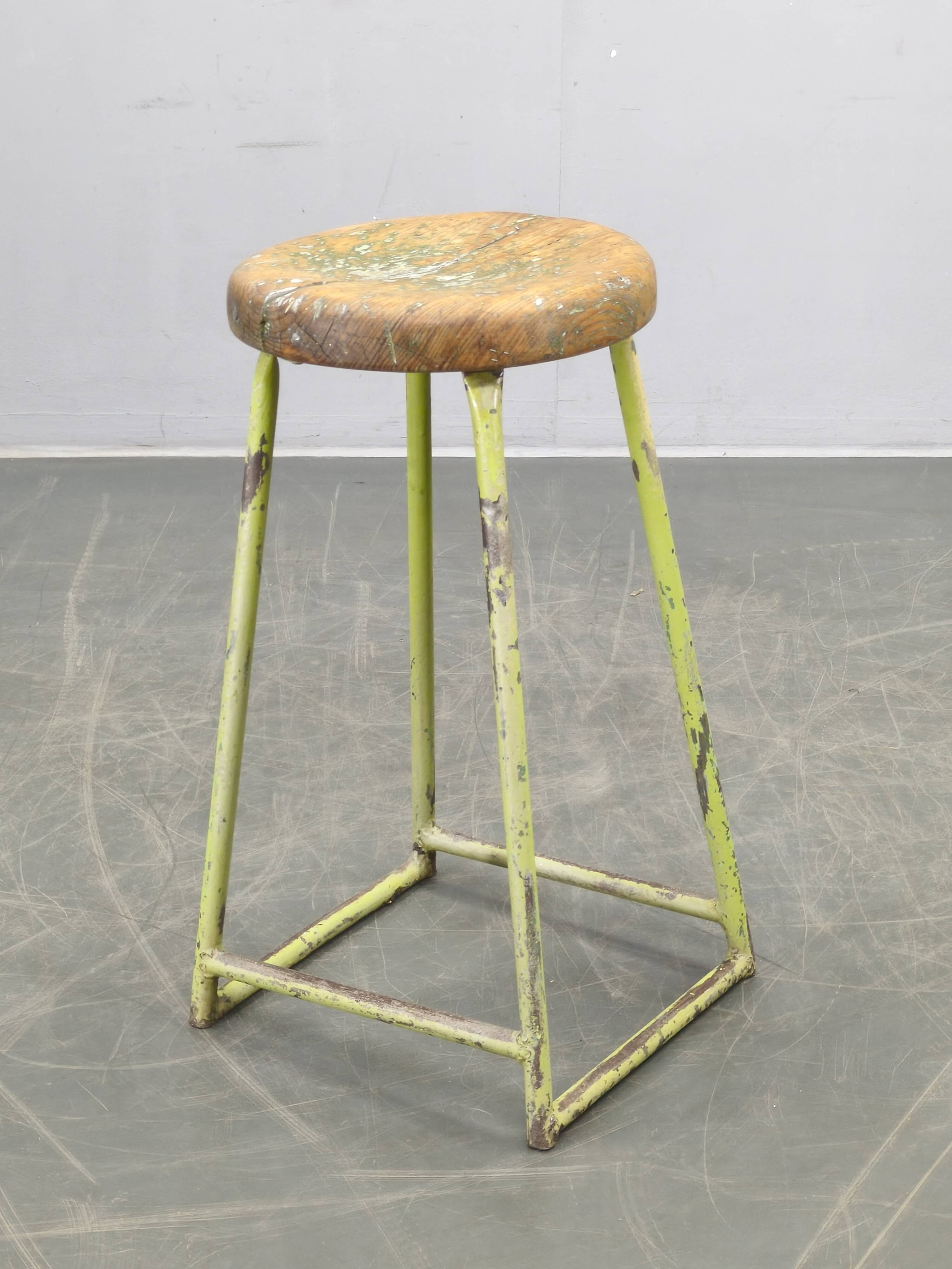 1940s Czech Industrial Stool with Pine Seat and Green Patina