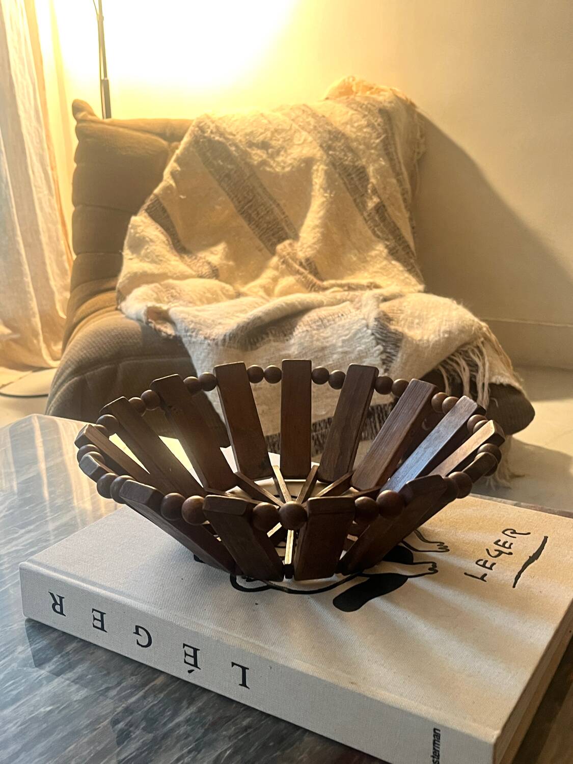 Geometric olive wood basket, France 1970