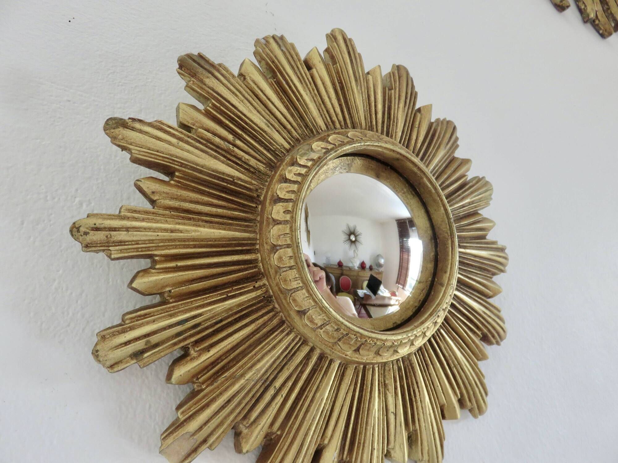 Old small golden sun mirror, witch's eye, curved, 60s-70s.