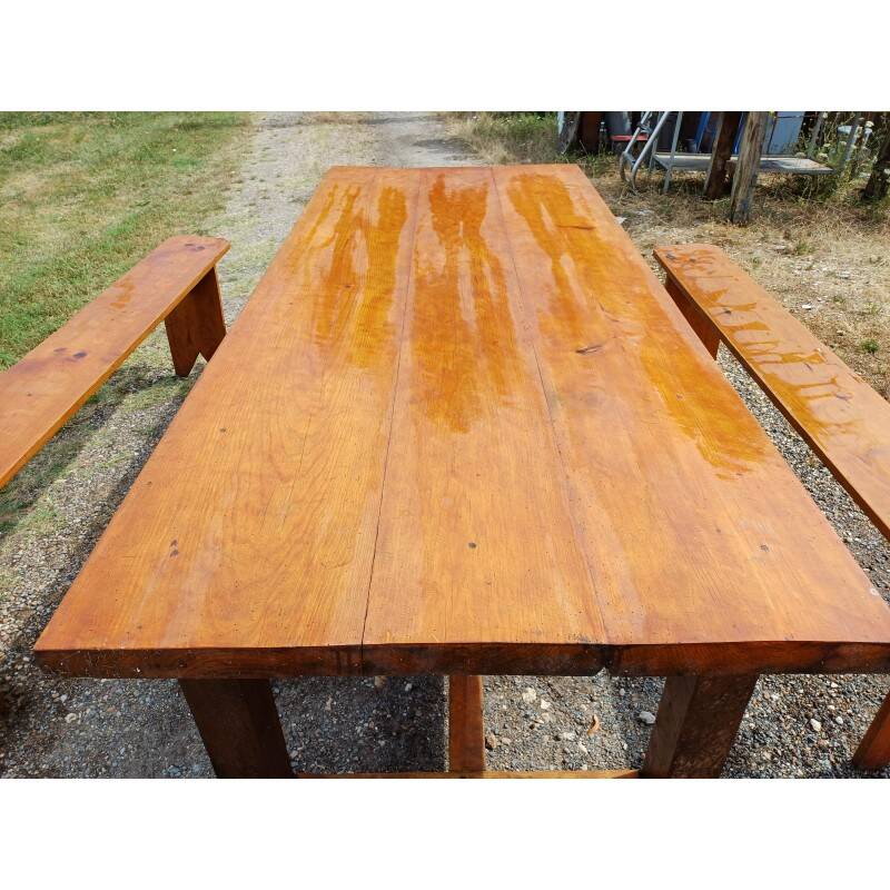 Table de ferme campagnarde en chêne et pin + 2 bancs
