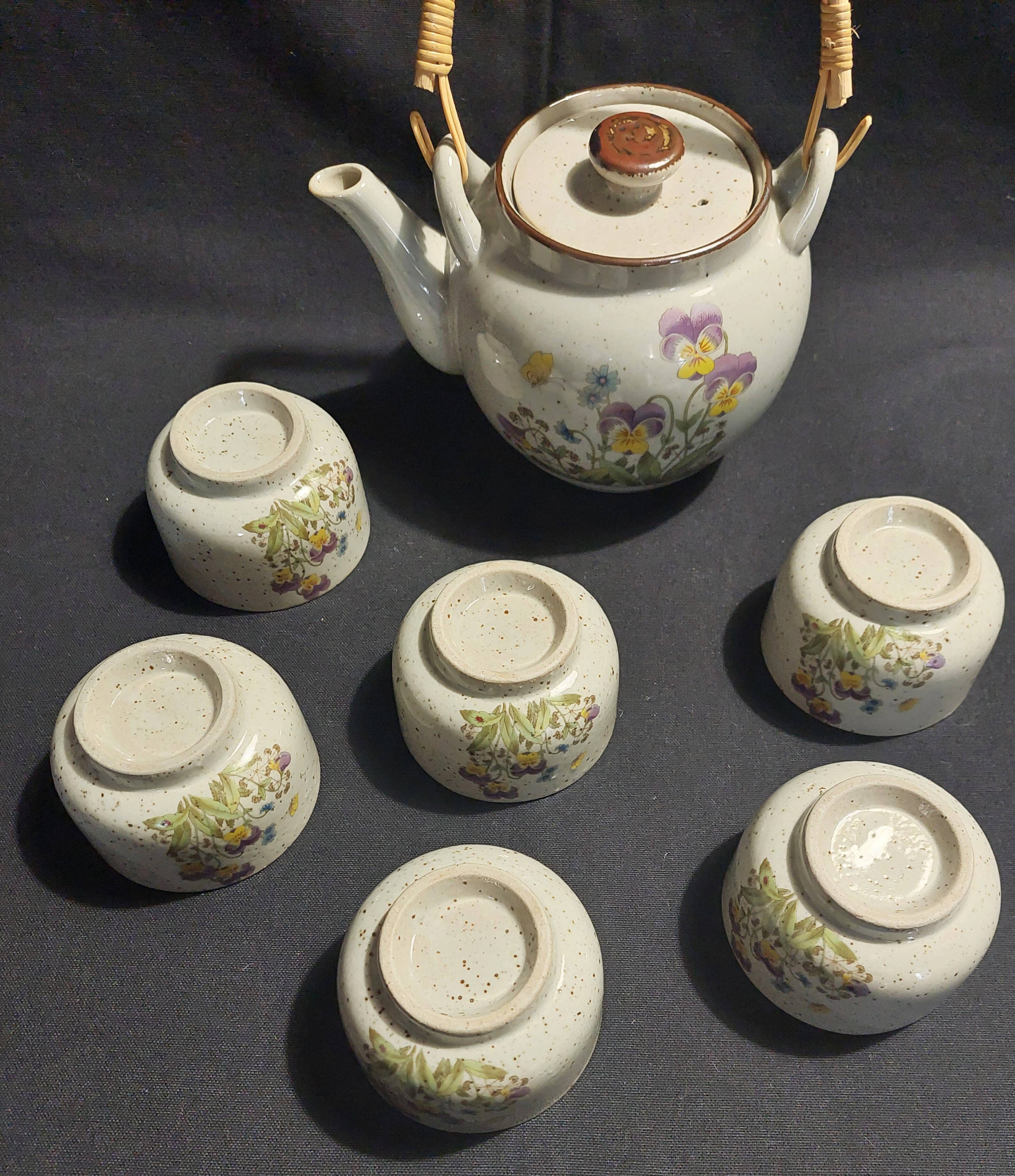 Vintage stoneware six cup tea set and teapot