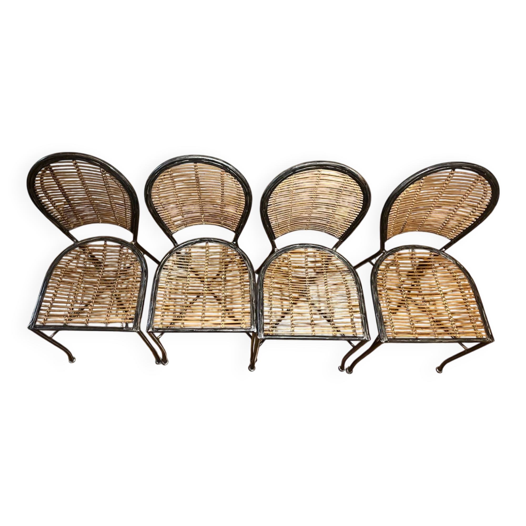 Set of 4 Wrought Iron and Rattan Chairs