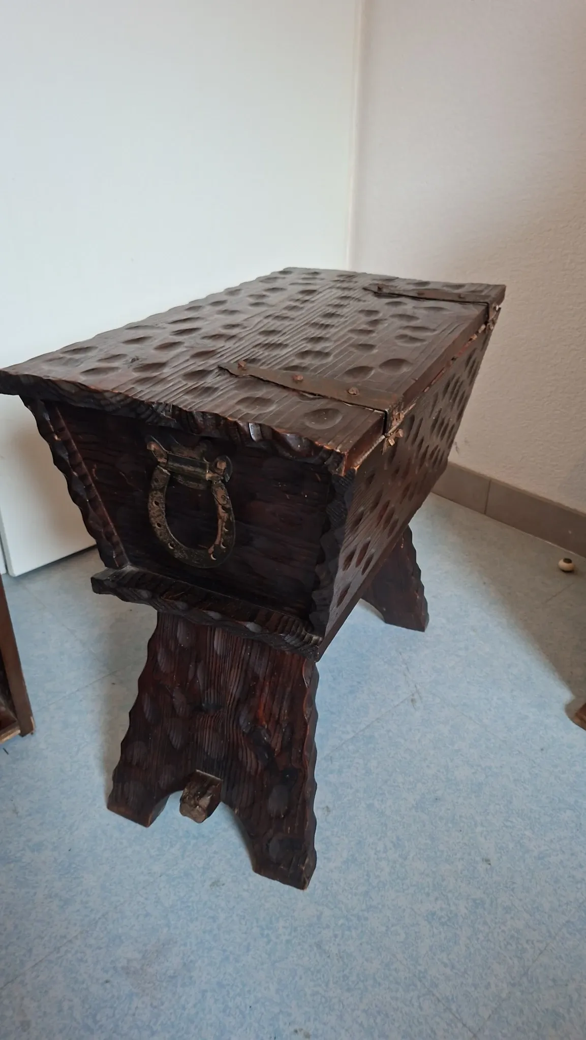 antique carved wooden bread kneader / rustic trunk chest