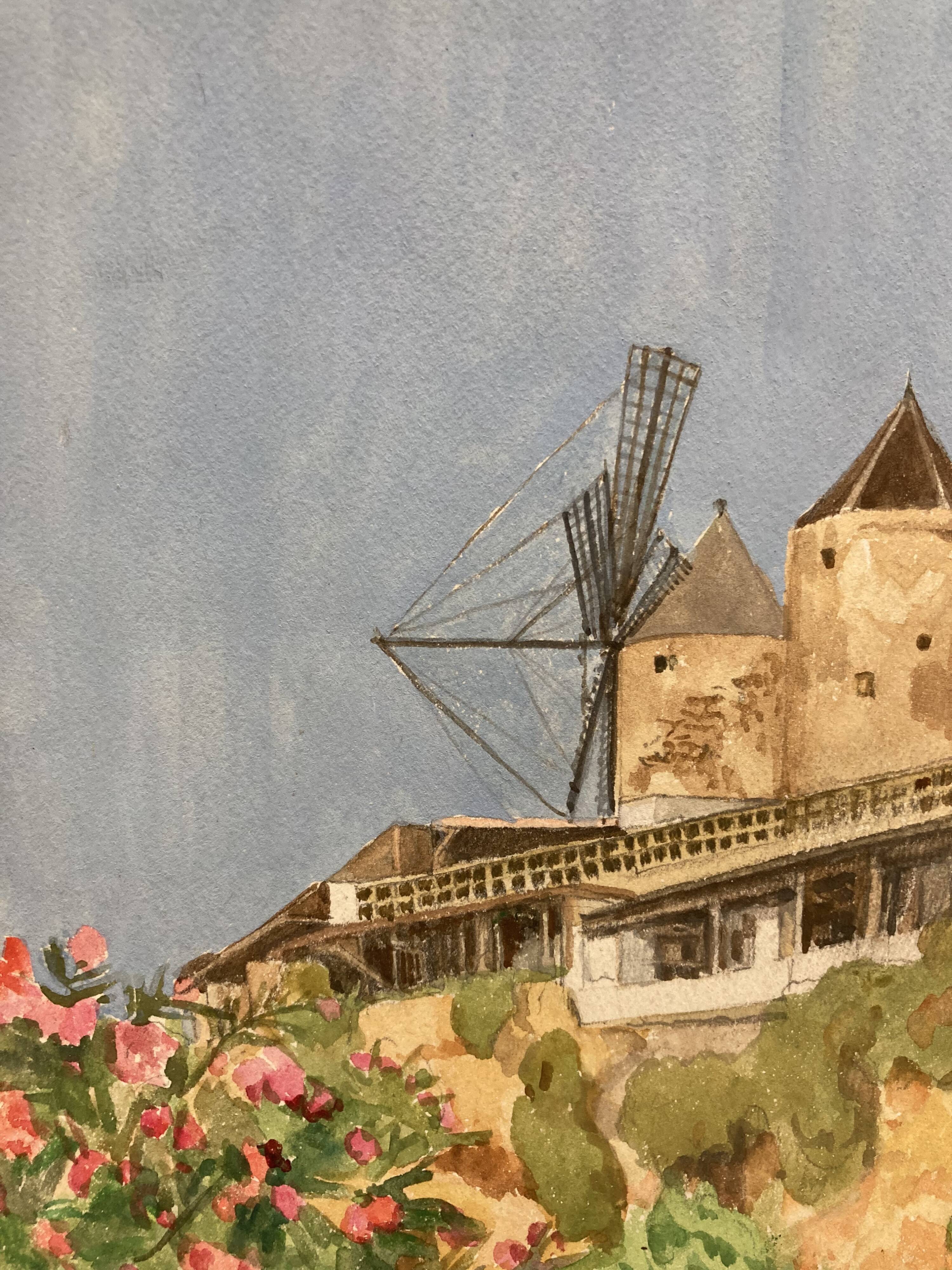 Watercolor landscape with vintage mills