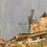 Watercolor landscape with vintage mills