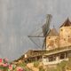 Watercolor landscape with vintage mills