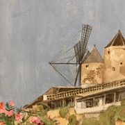 Watercolor landscape with vintage mills