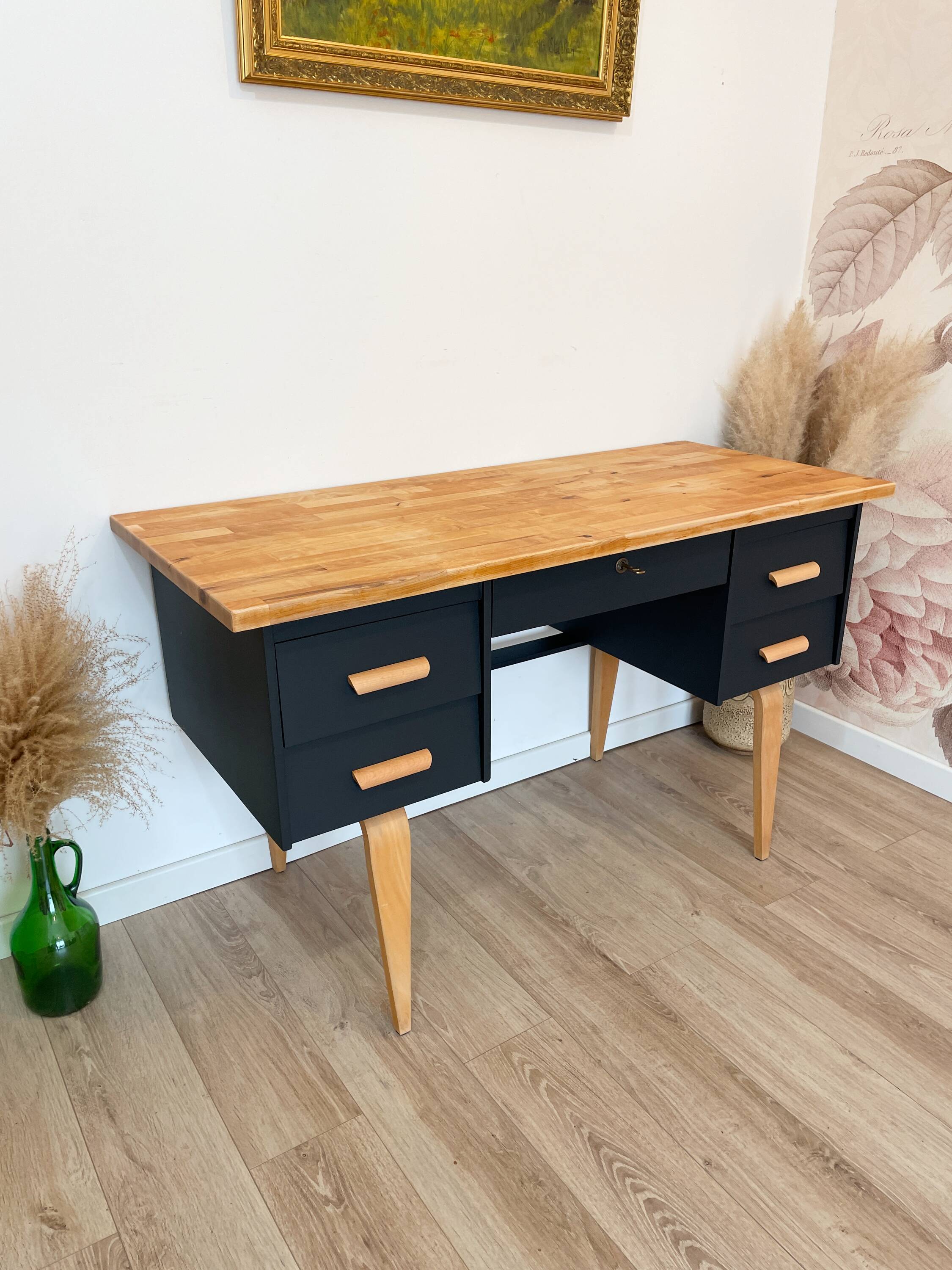 Vintage desk, Scandinavian style, Black lacquer and Beech