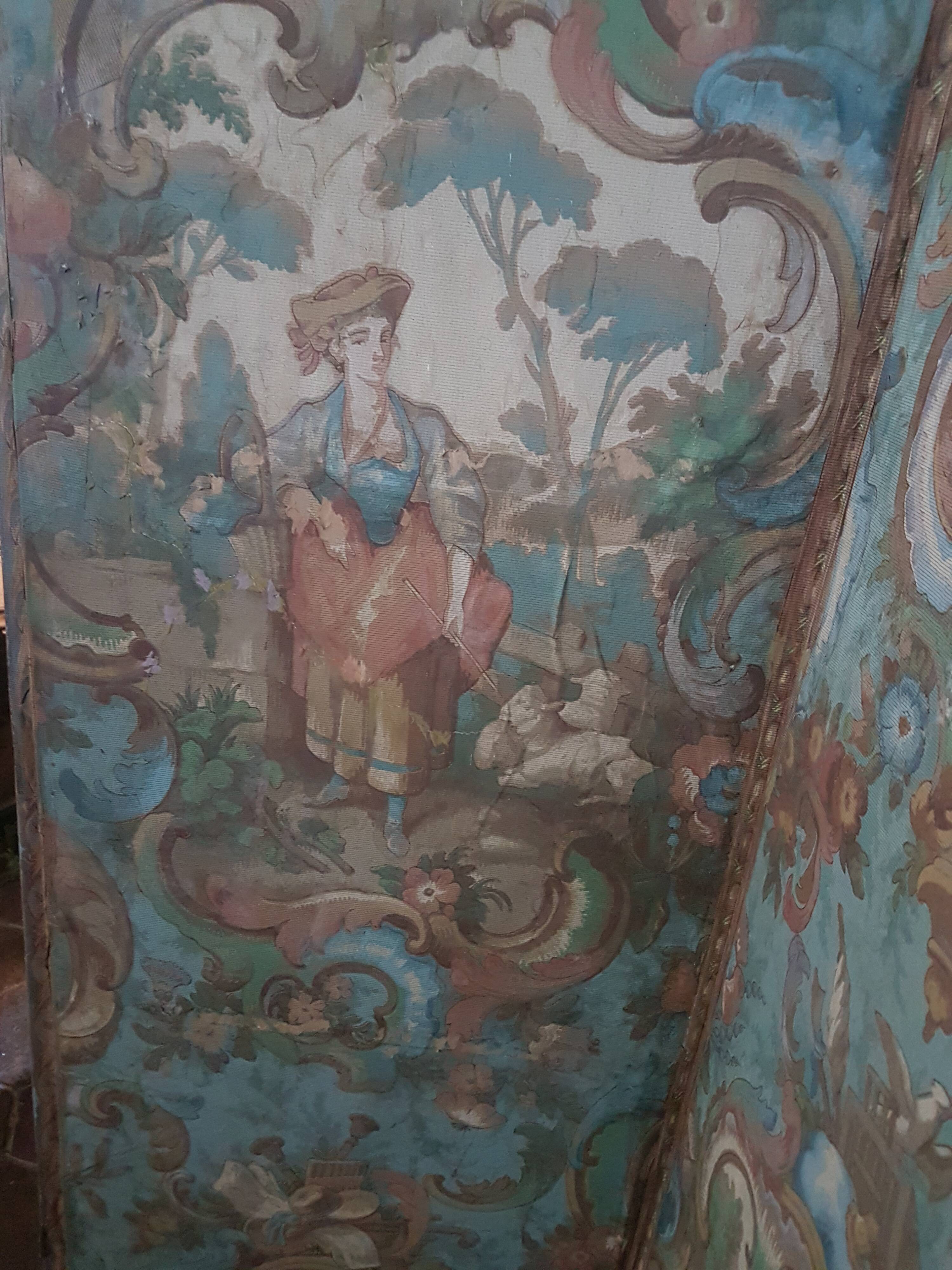 Paravent 4 feuilles en papier peint époque fin XVIIIème début XIXème