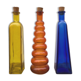 Trio of bottles 1970 color orange yellow and blue geometric shape