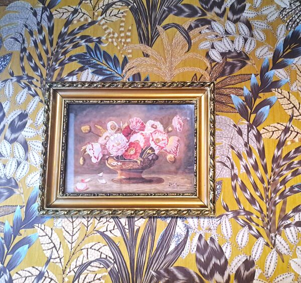 Peinture jack aquarelle nature morte france 1938 coupe florale cadre doré