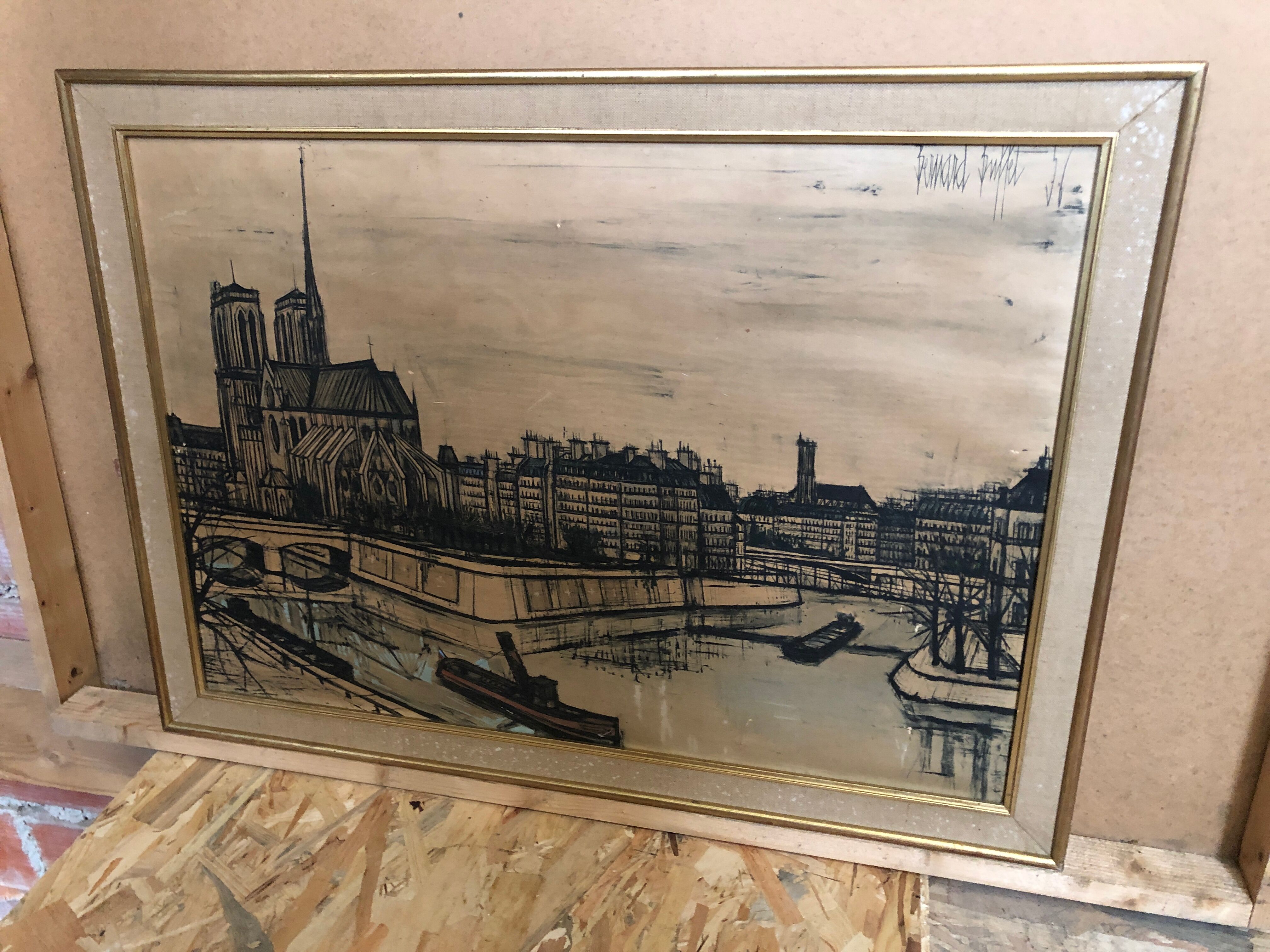 Old painting on canvas buffet 56 Notre Dame Paris + vintage wooden frame