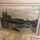 Ancien tableau tirage sur toile buffet 56 notre dame paris + cadre bois vintage