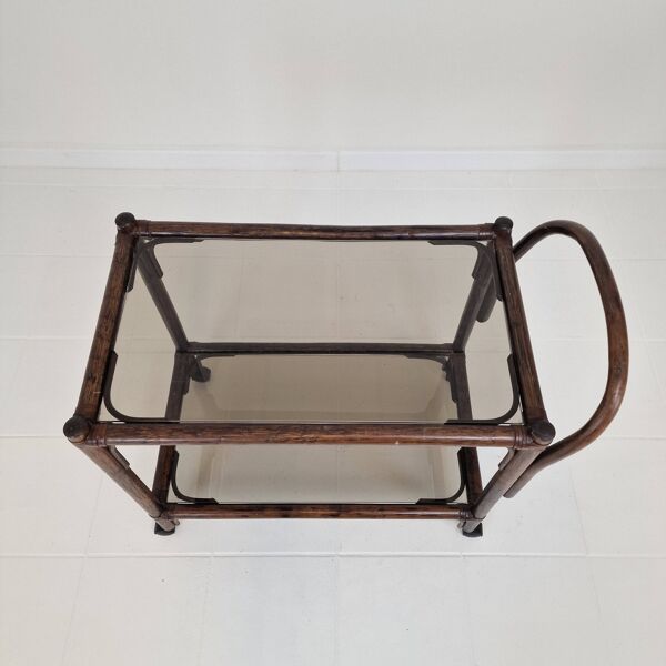 Chariot italien en bentwood et verre fumé, années 1970