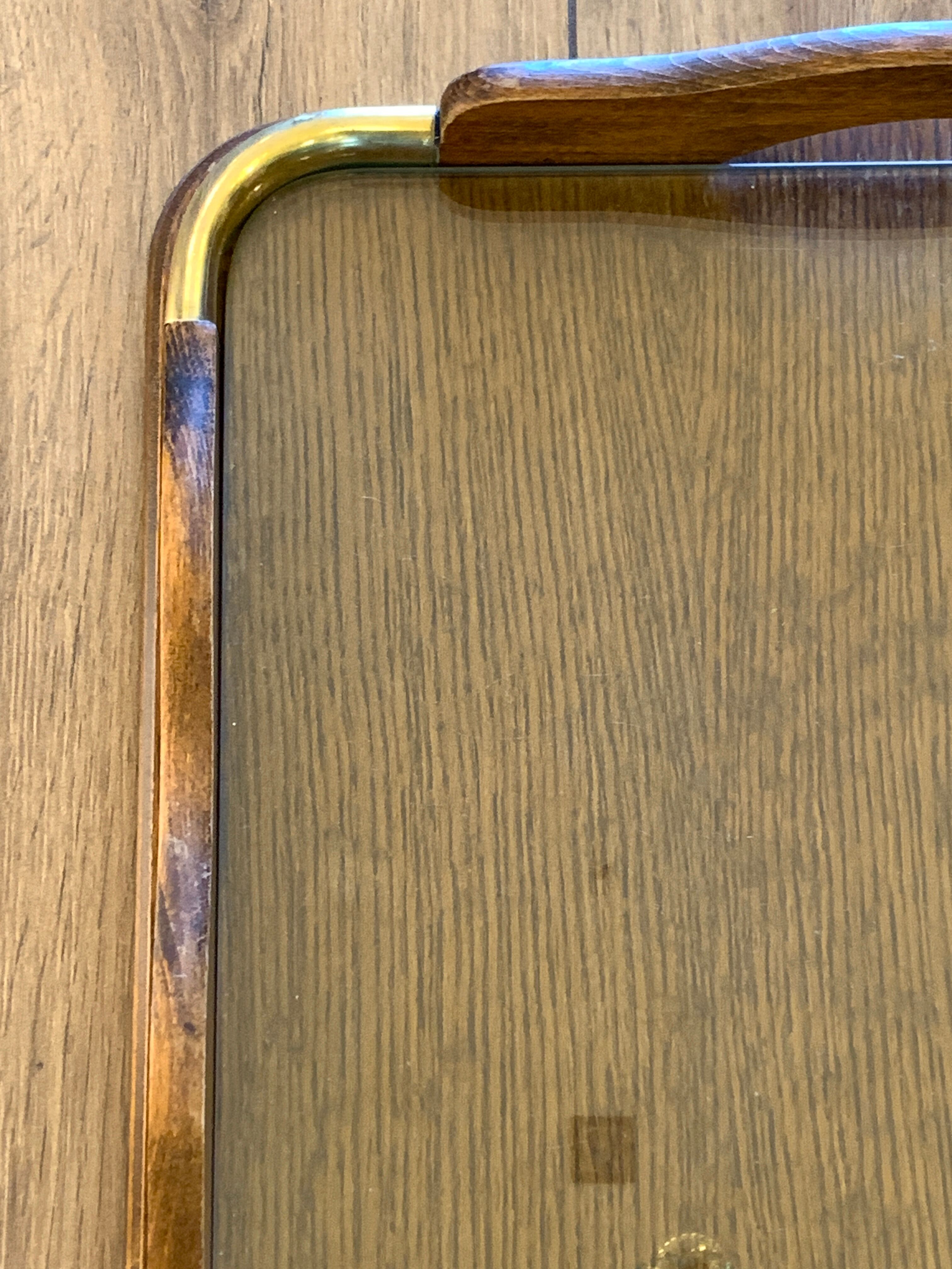 Serving tray in wood, brass and glass, 1960
