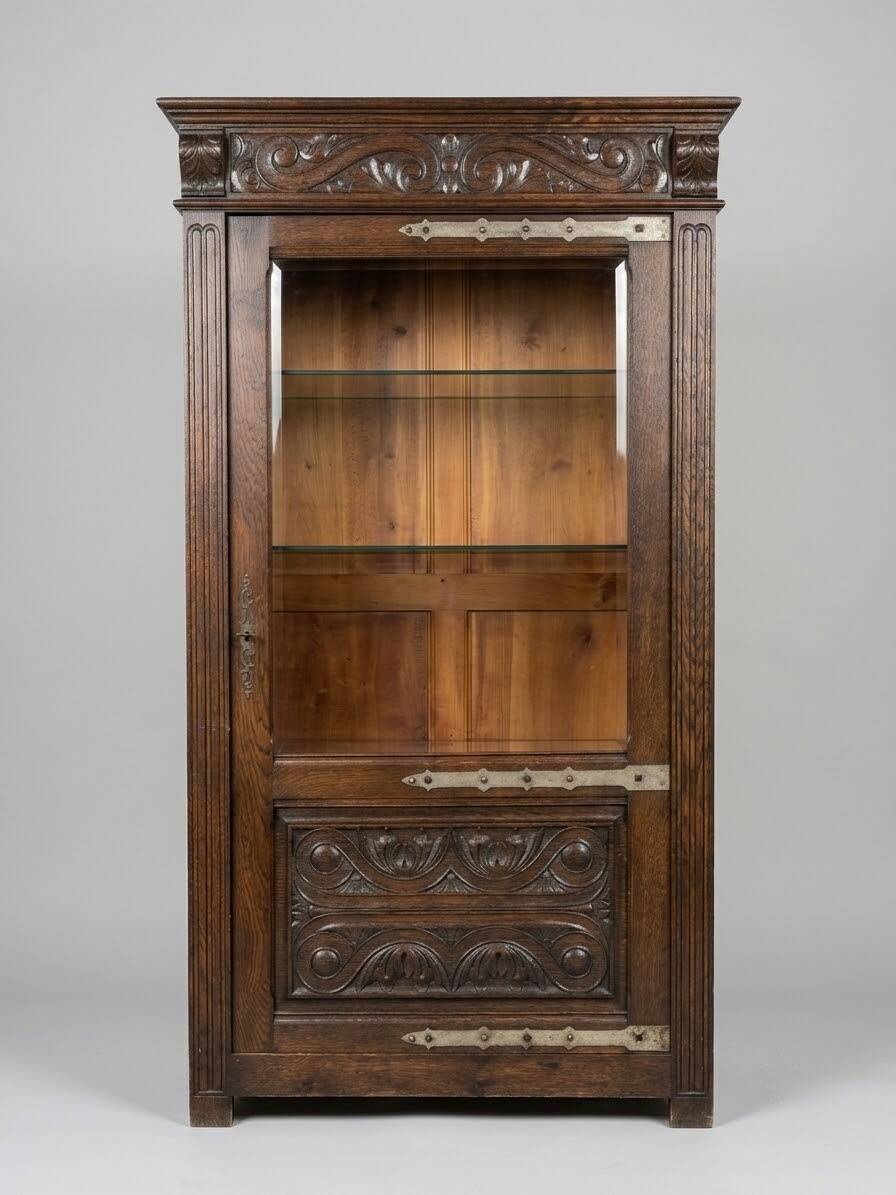 Antique oak display cabinet, solid, in the style of Spanish Renaissance, with sculpture and wrought iron.