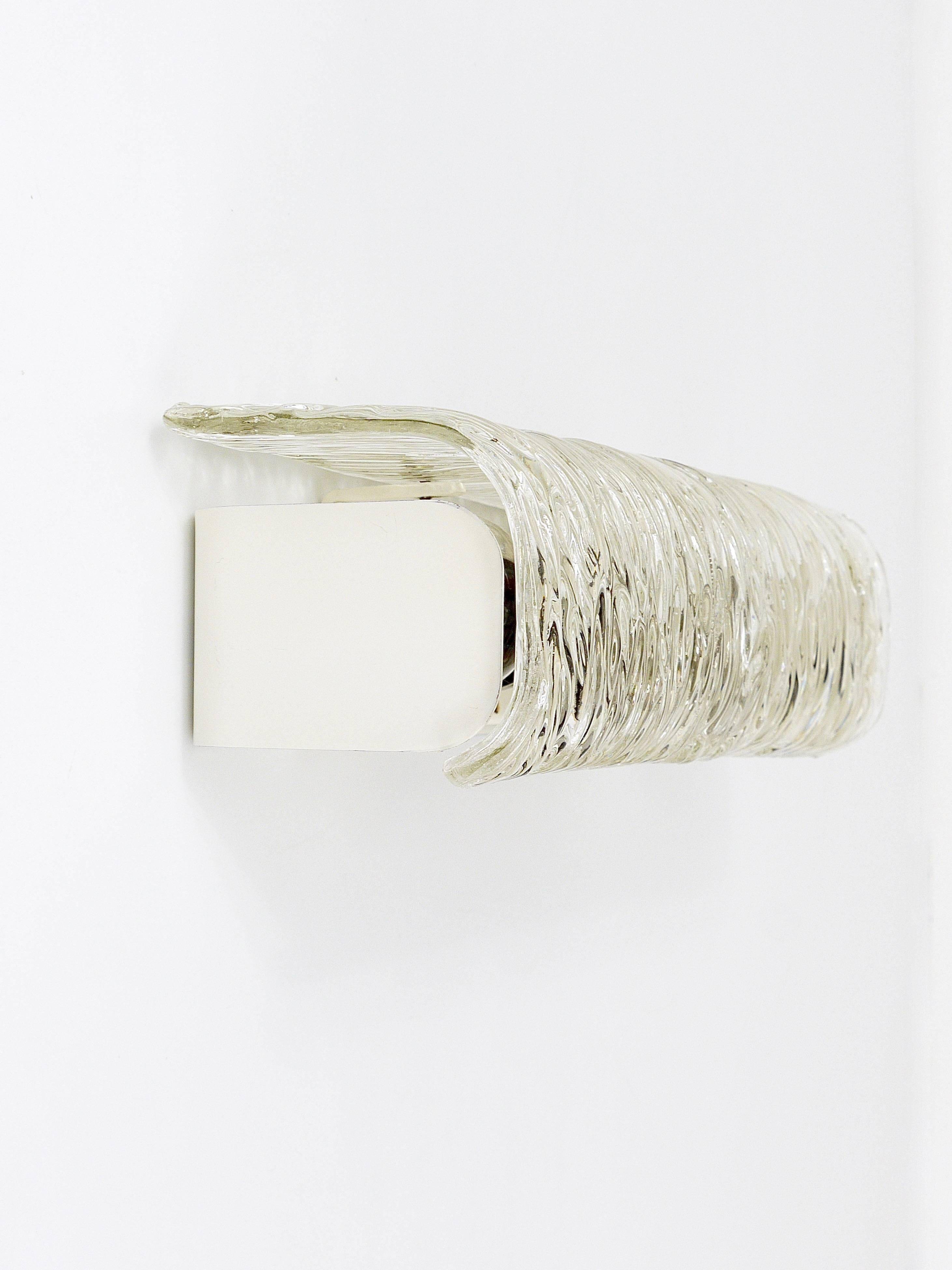 Wall-mounted mirror sconce by J.T. Kalmar, brass and textured glass, Austria, 1950s.