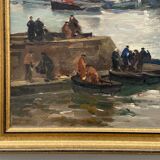 Huile sur carton par Paul Morchain scene de port en Bretagne XXe