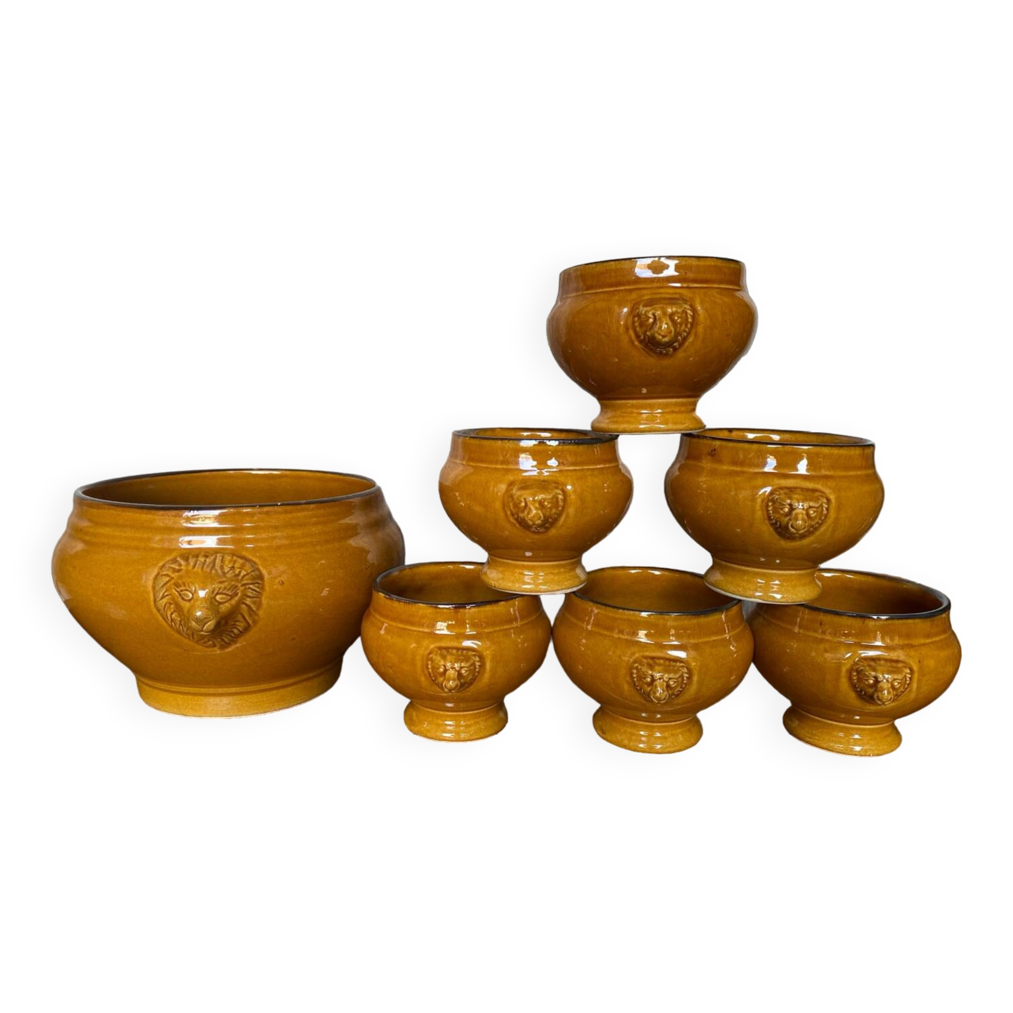 Antique Soup Tureen + 6 Onion Bowls Beige Ceramic Lion Head Vintage #B578