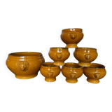 Antique Soup Tureen + 6 Onion Bowls Beige Ceramic Lion Head Vintage #B578