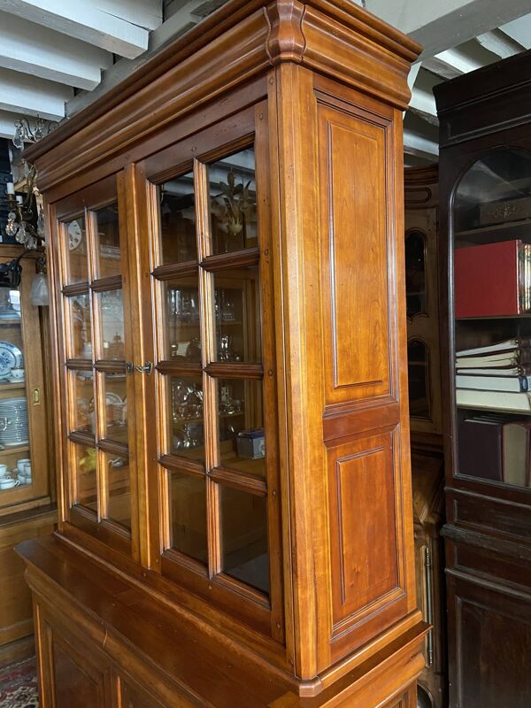 Bibliothèque buffet vaisselier deux corps merisier massif Louis-Philippe