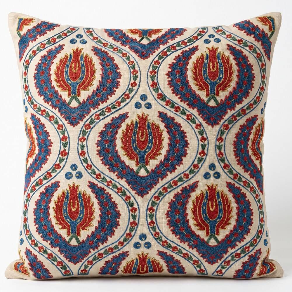 Silk Embroidered Tulip Pattern Cushion Cover. Beige Throw Pillow Case. Traditional Accent Pillow
