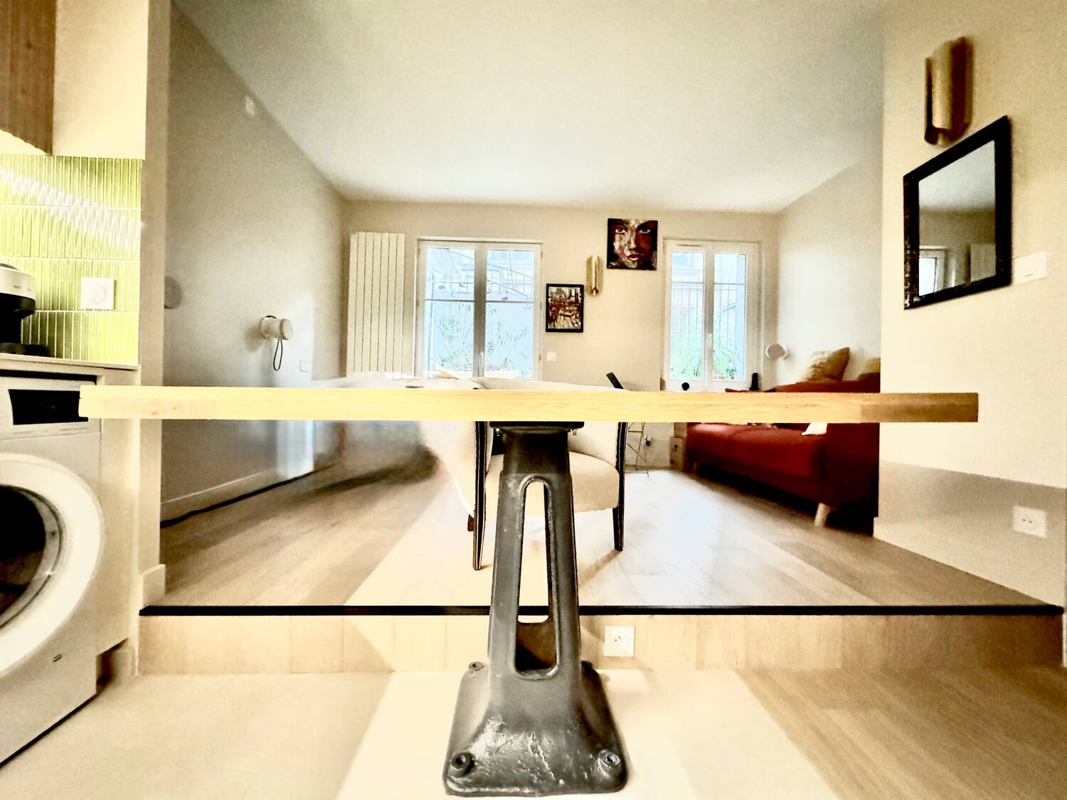 Solid oak dining table and cast iron.