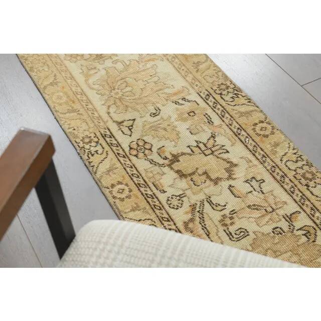 1970s Vintage Turkish Hand-Knotted Wool Cotton Beige Runner Rug 45x388