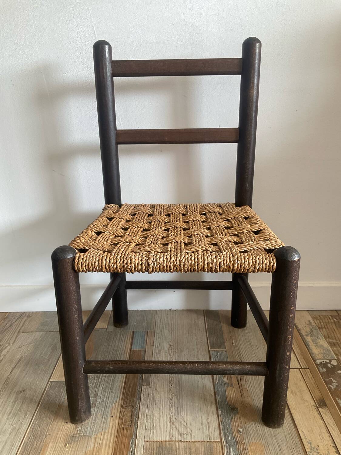 Pair of vintage children's chairs with rope and wood seats