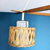 Suspension in teak and rattan, Doria Leuchten from the 1950s.