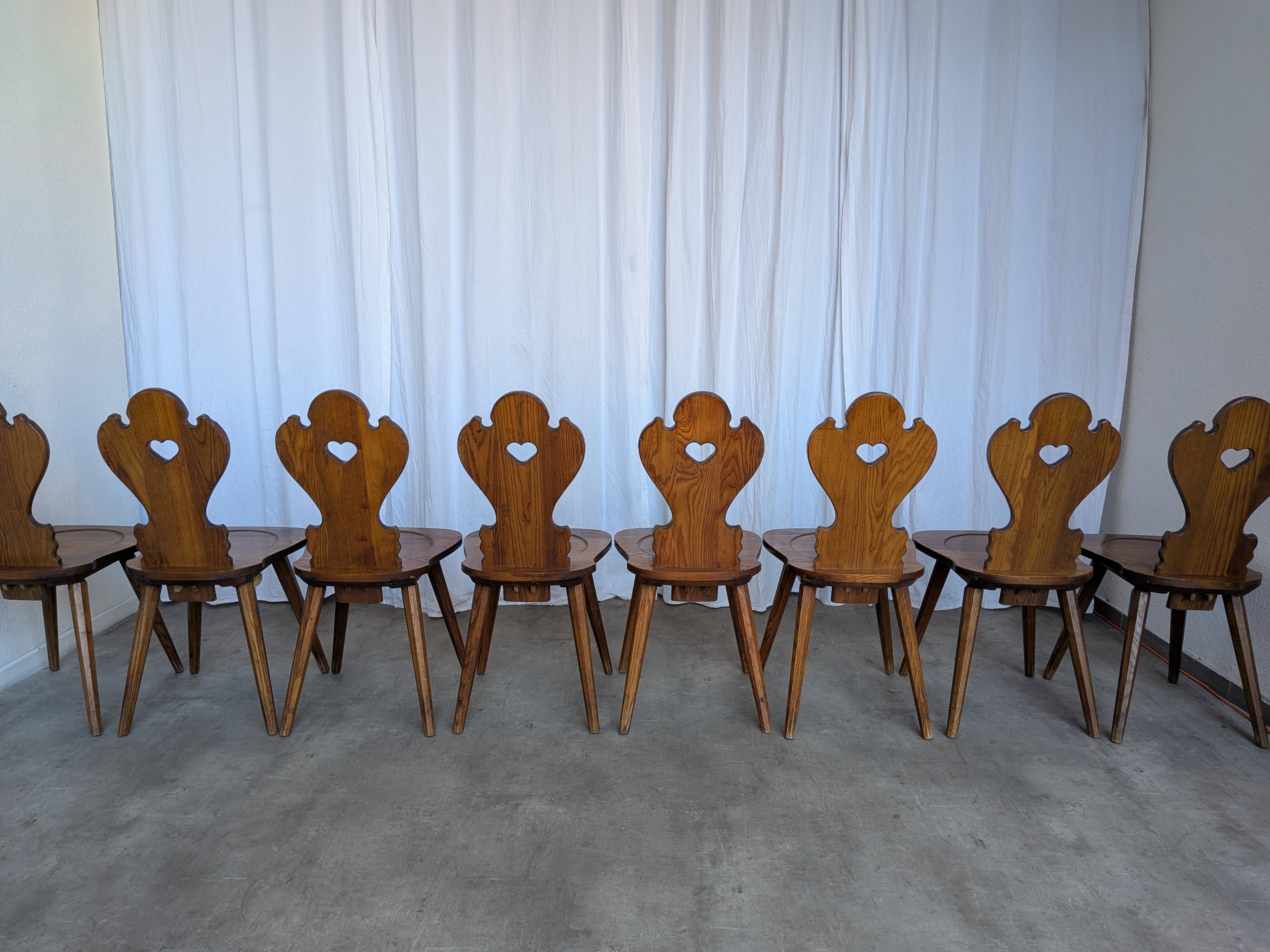 Set of 8 Farmhouse Tyrolean Chair with Heart Cutout Back / 1970s Vintage Di