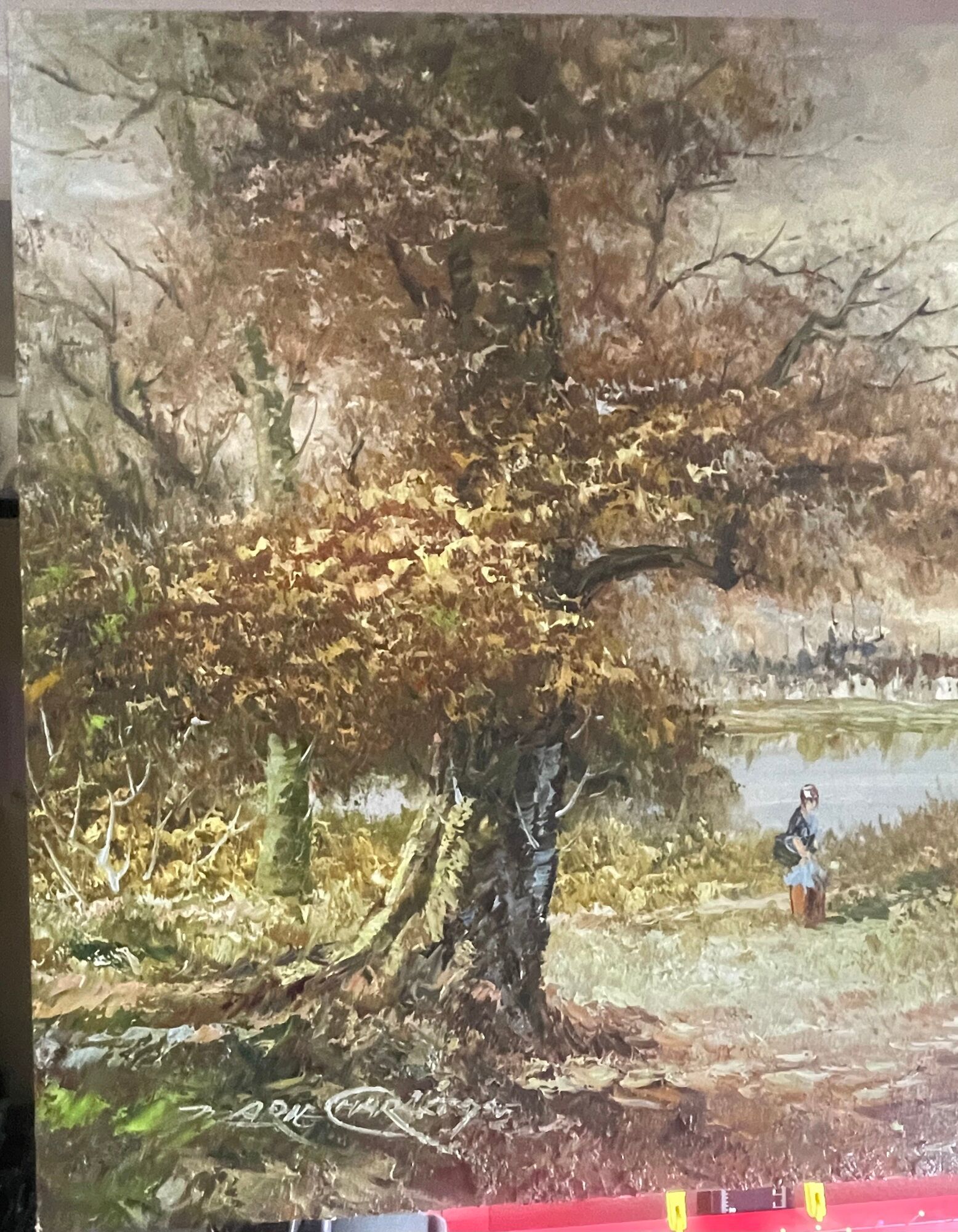Oil painting on canvas animated lake landscape signed