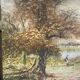 Oil painting on canvas animated lake landscape signed