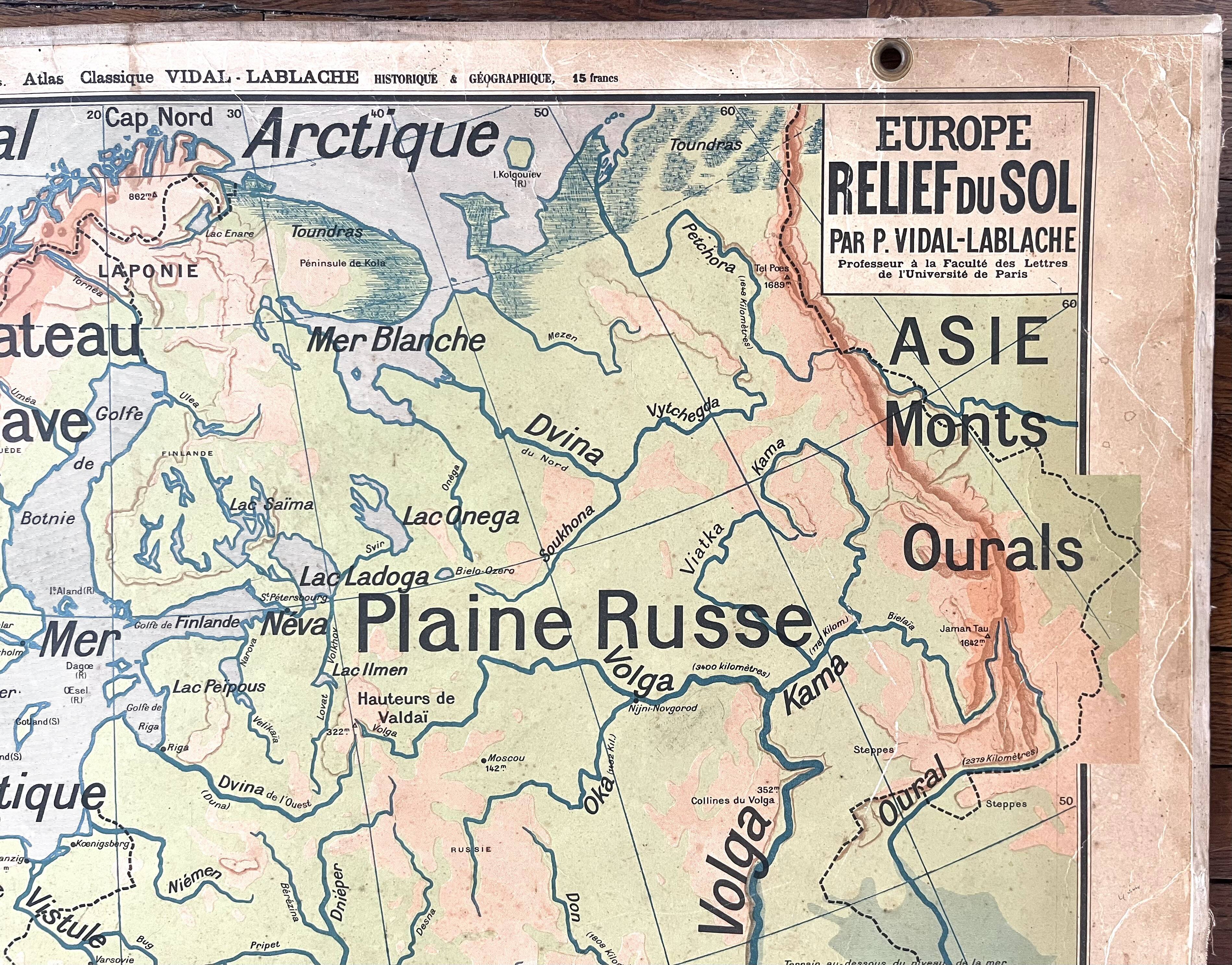 Old school map Vidal-Lablache Mézières 12, T33, 1910 Europe relief