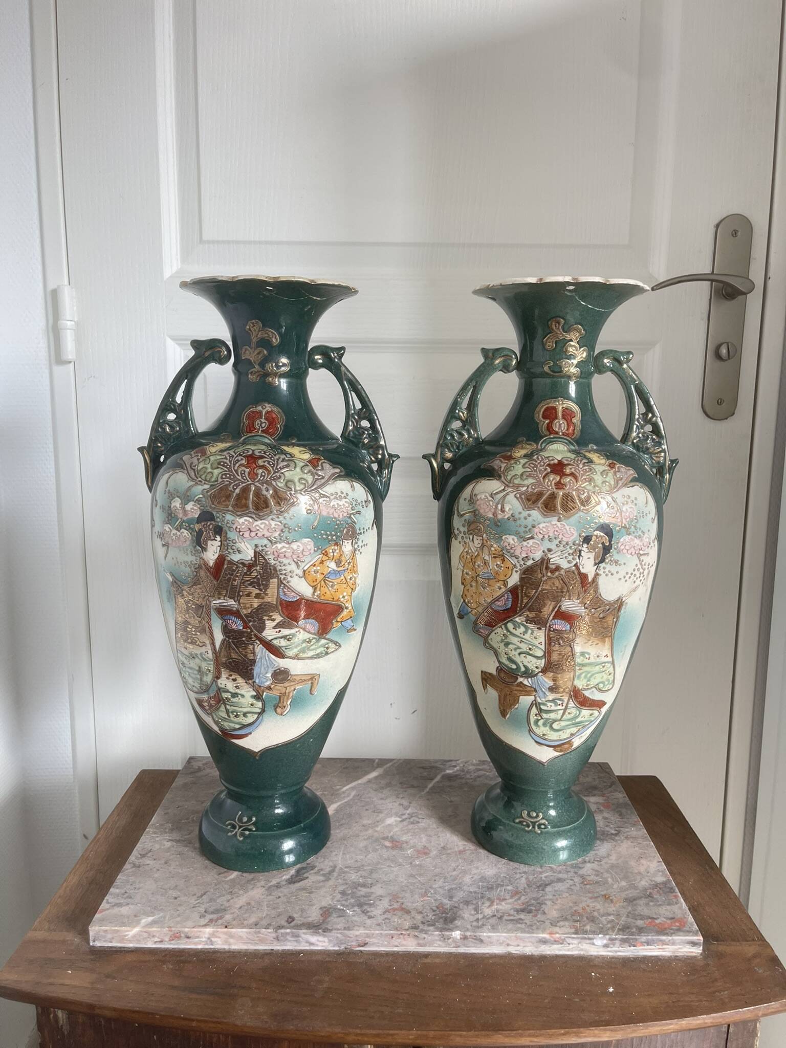 Antique Pair of Japanese Green Moriage Vases Baluster Amphora Flowers Restored