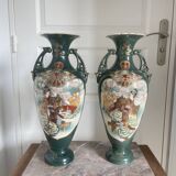 Antique Pair of Japanese Green Moriage Vases Baluster Amphora Flowers Restored