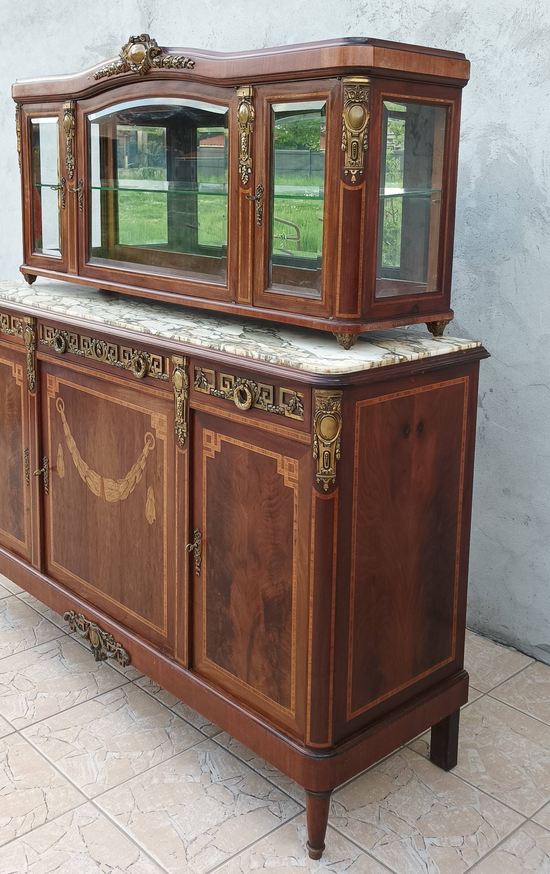 Louis XVI 2-part sideboard in mahogany veneer and precious wood marquetry