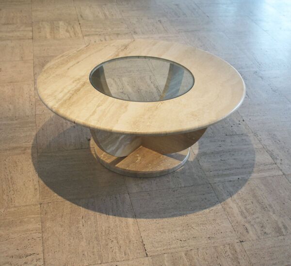 Table basse ronde travertin et vitre, Italie, 1970.